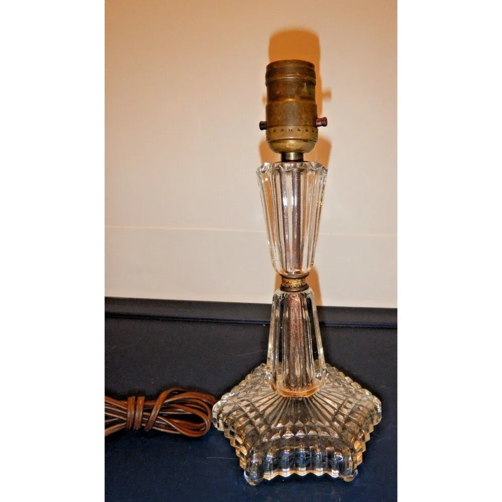 Vintage Pressed Glass Boudoir Table Lamp 10in Star Base Ribbed Column Vanity